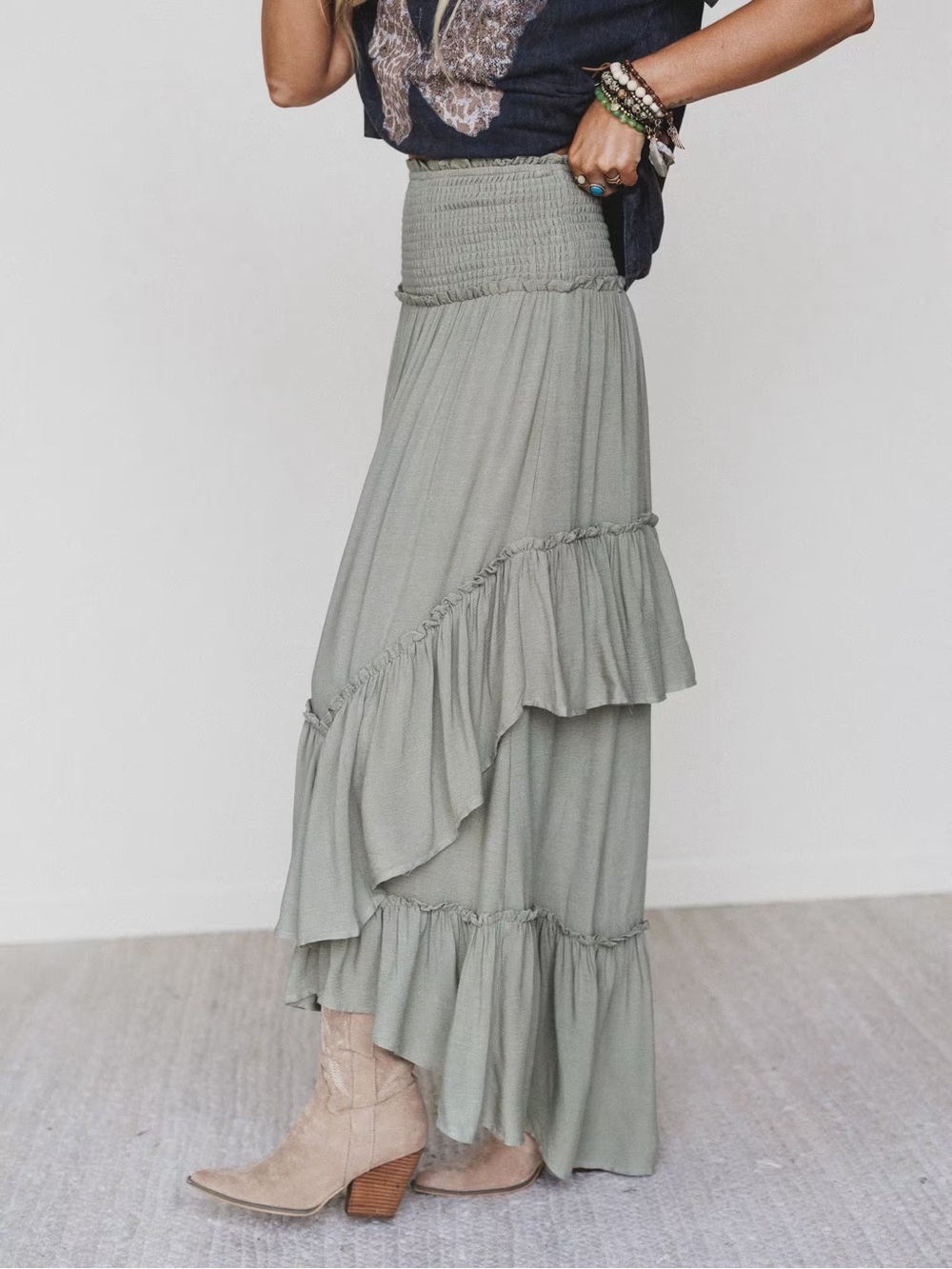 Three Bird Nest Boho Tiered Maxi Skirt in Olive Green - Picture 4 of 8